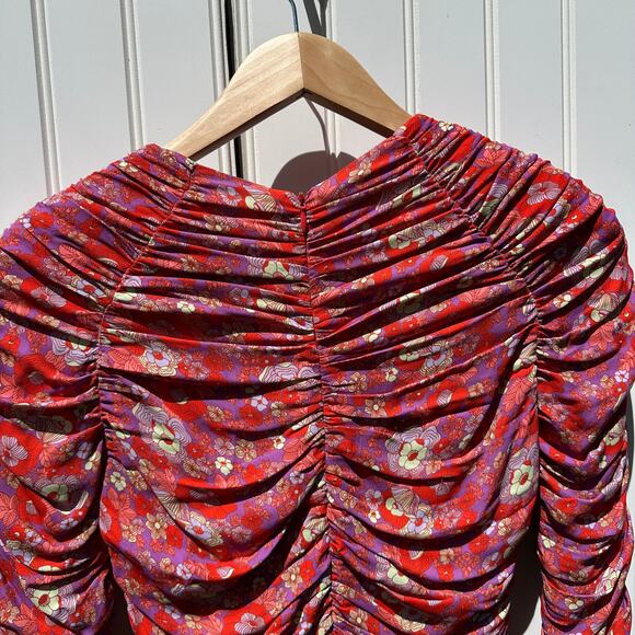 Rohe Sadie Long Sleeve Retro Floral Ruched Mini Dress Red Multi Size 34 FR 2 US - Picture 7 of 15